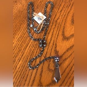 NWT Boho Necklace Y/Bolo Style-Gunmetal/Crystal Pendant & CZs 34” w/ 3” Extender
